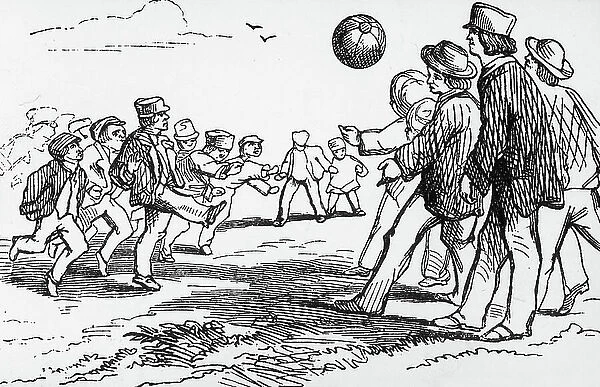 football game in Germany in 1863 it's the most ancient representation of german football, engraving