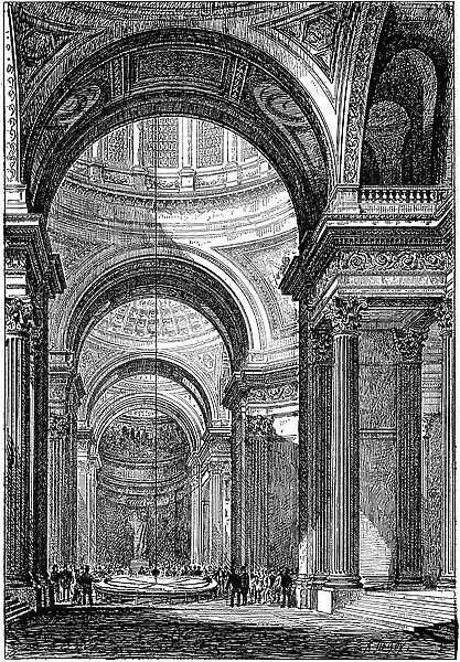 Foucault's pendulum in the Pantheon, Paris, in 1851, demonstrating both the rotation of the Earth and the concept of inertia. Leon Foucault (1819-1861) French physicist. Wood engraving, Paris, 1888
