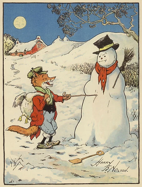 Fox poking a snowman (colour litho)