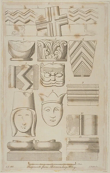 Fragments of stone carving from the Abbey of St Saviour in Bermondsey (engraving)