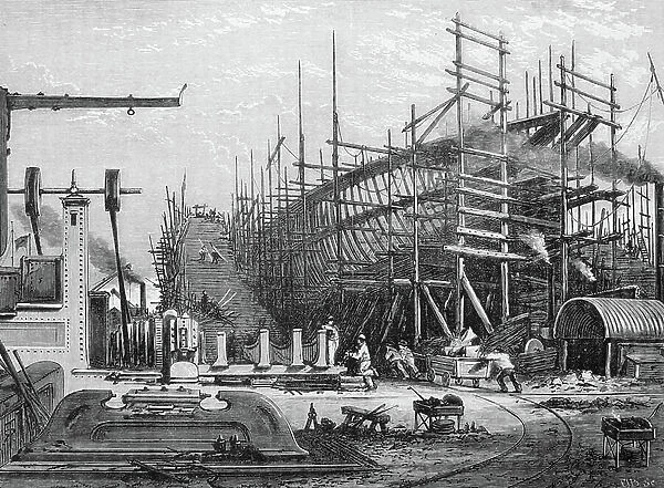 The frame of an iron ship on the stocks at Samuda's shipbuilding yard, Cubit Town, Isle of Dogs, London. Engraving, London, 1880