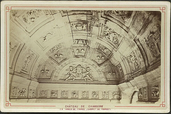 France, Centre, Loir-et-Cher (41), Chambord: Chateau de Chambord, the arms of France carved in the ceiling of the cabinet of Francois 1st, 1885