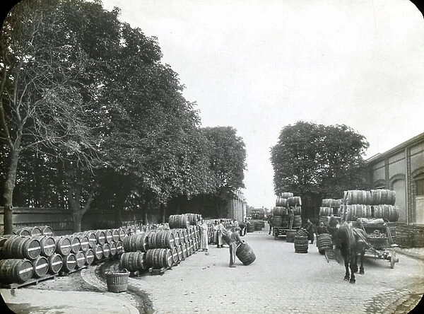 France, Champagne-Ardenne, Marne (51), Reims: Factory of manufacture of Champagne Saint Marceaux and company, depart of the futs for the harvest, 1890 - photo by Rothier