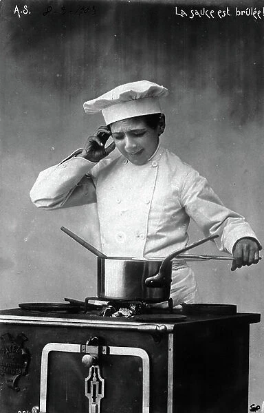 France: fantasy photograph of a cook entitled The sauce is brulee, 1903