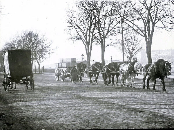 France, Ile-de-France, Paris (75): Quais de la Seine, transport of stone blocks by a hitch of 8 horses, 1885