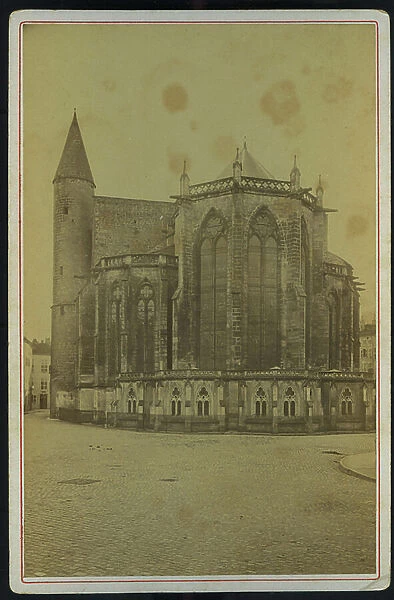 France, Lorraine, Vosges (88), Epinal: A view of the Basilica of Saint-Maurice-d'Epinal (11th-13th century), a map sold for the benefit of war orphans, 1880