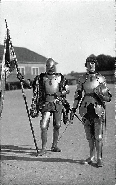 France, Poitou-Charentes, Vienne (86), Poitiers: Fete of Joan of Arc, Joan of Arc in armor with her banner, 1920-1925
