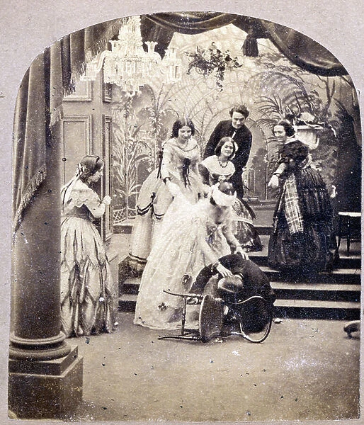 France: reconstitution in studio of bourgeois playing a colin-maillard, 1865
