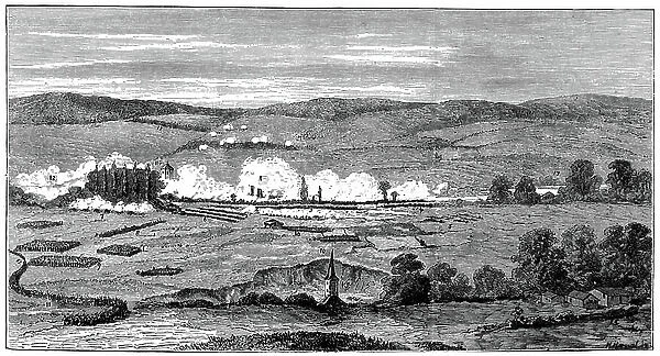 Franco-Prussian War 1870-1871: Battle of Sedan, l September 1870. Village of Bazeilles in flames (centre), River Meuse, centre right, Sedan out of picture to right. Faubourg de Balan, centre foreground