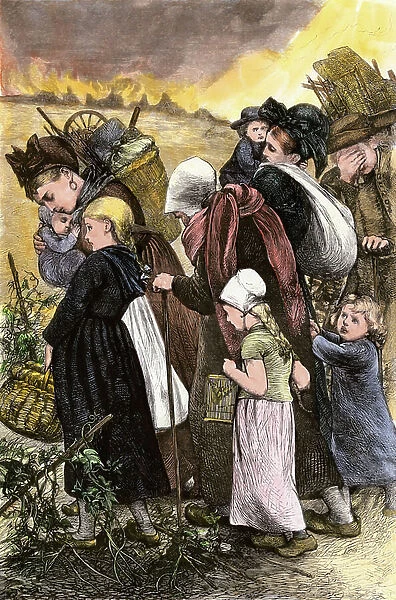 Franco-Prussian War (1870): the exodus of French peasants from Alsace Lorraine, weeping women and children, in the background, a city burned. Strong water in colors 19th century