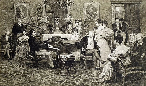 Frederic Chopin (1810-49) playing in the salon of the musician and composer Prince Anthony Radziwill (1775-1833) in 1829 (litho)