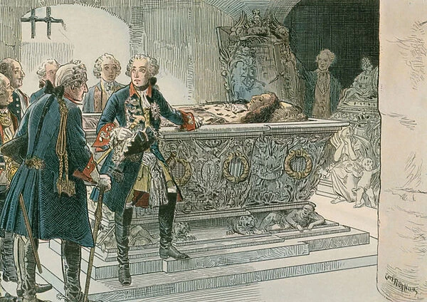 Frederick the Great (1712-1786) at the coffin of the Great Elector (colour litho)