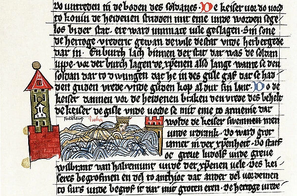 Frederick I (Barbarossa) c1123-1190 Holy Roman emperor from 1152. Death of Barbarossa who drowned trying to cross River Saleph in Cilicia. Gotha manuscript of the Saxon Chronicle, 2nd half of 13th century