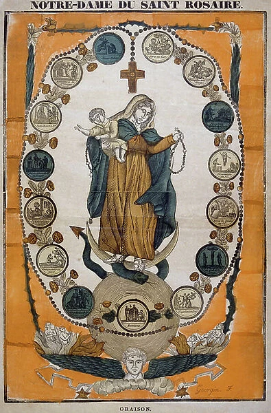 French 19th century, coloured illustration showing the Virgin Mary carrying Jesus and holding a rosary