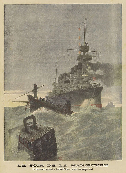 The French armoured cruiser Jeanne d'Arc approaching its mooring after a day of manoeuvres (colour litho)