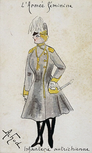 French art nouveau postcard satirising women in military uniform, 1900: Austrian Infantry