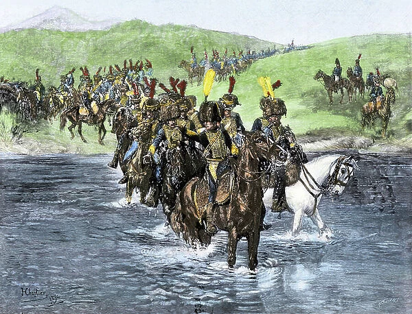 French cavalry crossing the river to invade Spain during the Napoleonic wars. Colour engraving of the 19th century
