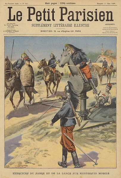 French cavalrymen training using a mechanical horse (colour litho)