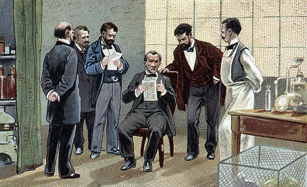 The French chemist and microbiologist, Louis Pasteur (1822-1895) in a meeting with his colleagues. Late 19th century (chromolithograph)