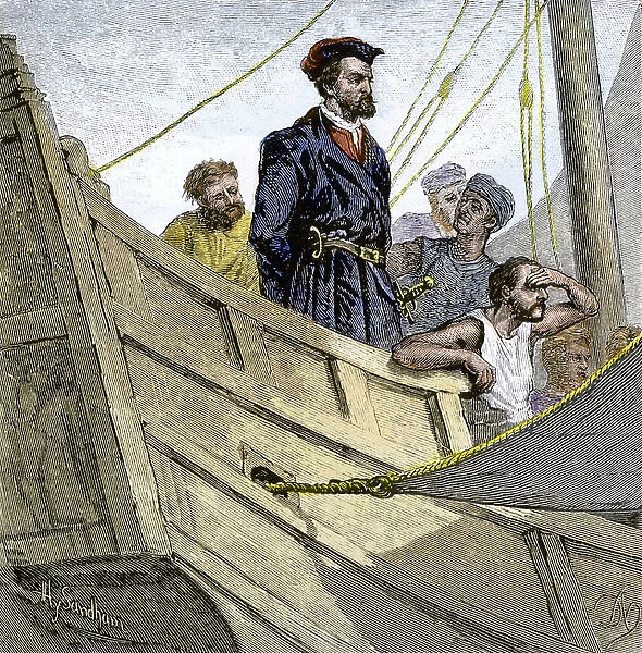 The French explorer Jacques Cartier (1491-1557) aboard his ship arrived in sight of Canada. Engraving. Jacques Cartier aboard ship arriving in French colonial Canada, 1500s