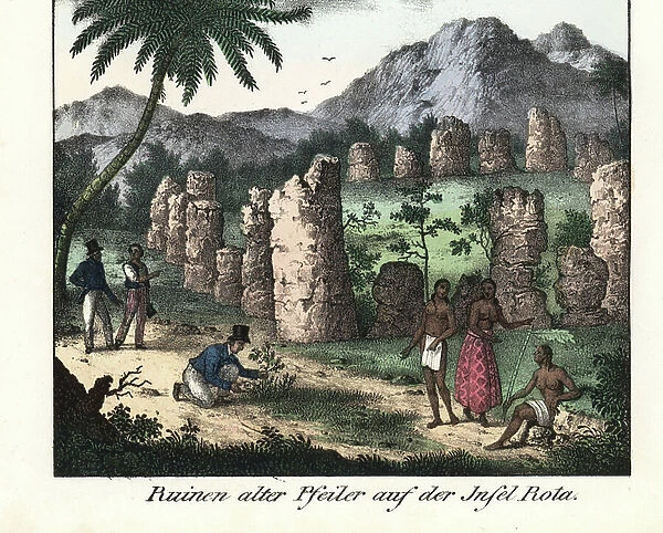 French explorers and botanist in the ruins of a chamarro site of stone pillars on Rota Island (Mariana Islands, USA). Illustration from Voyage Around the World (1824) by Louis de Freycinet (1779-1842)