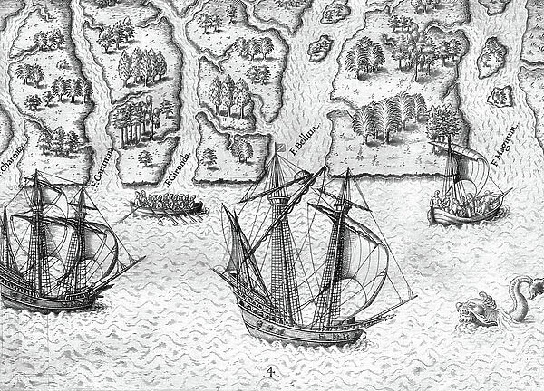 The french explores six rivers on the coast of Florida, 1591 (engraving)