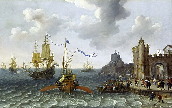 A French galleon and a Dutch warship in a port in the Mediterranean Sea, whose large arch at the entrance to the city carries a bell and a small circular tower behind, a fortified building built on a rock at the water's edge