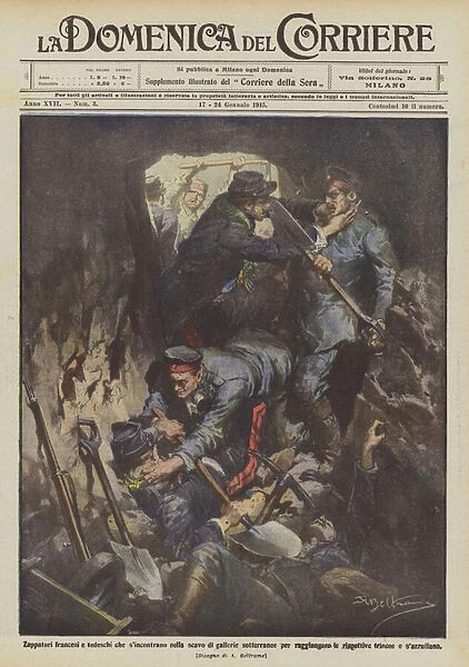 French and German sappers who meet in the excavation of underground tunnels to reach... (colour litho)