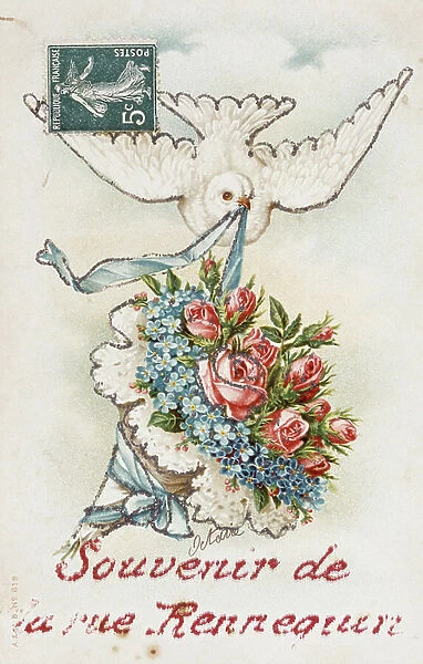 French greeting card with floral elements, 1900