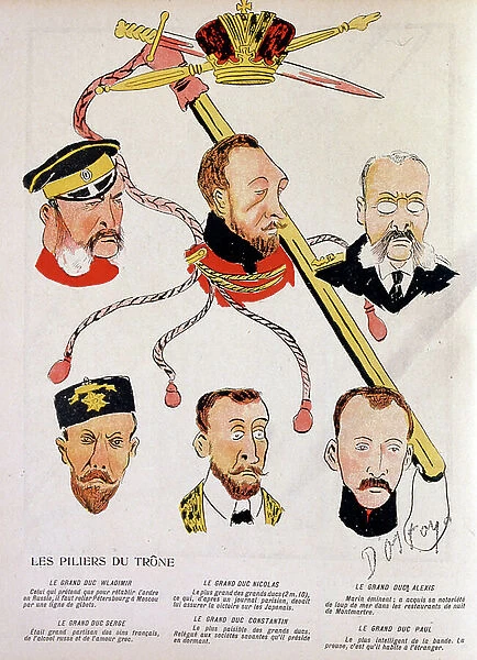 French illustration, characterising the imperial leadership of Russia. Portraits include Grand Dukes, Vladimir, Serge, Nicolas, Alexis, Constatin and Paul. 1904