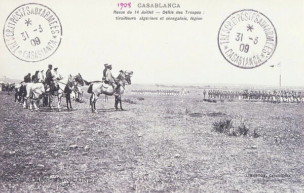 French legionnaire colonial soldiers at a base in Casablanca, Morocco. postcard 1909