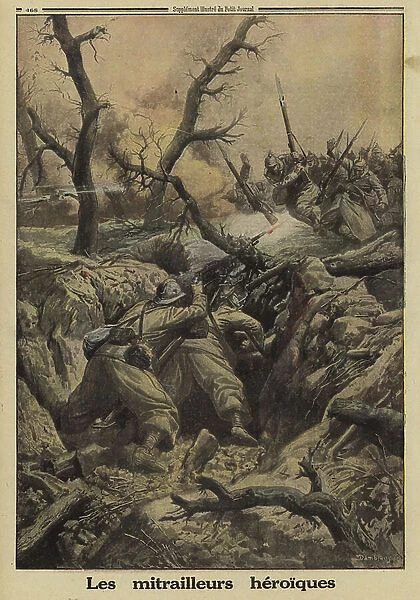 French machine gunners holding off a German attack, Battle of Verdun, World War I, 1916 (colour litho)