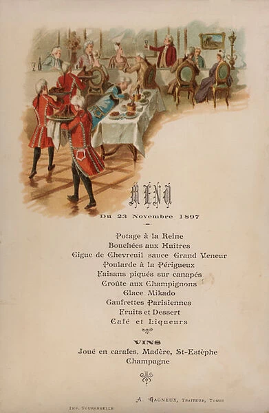 French menu for a dinner, 1897 (chromolitho)