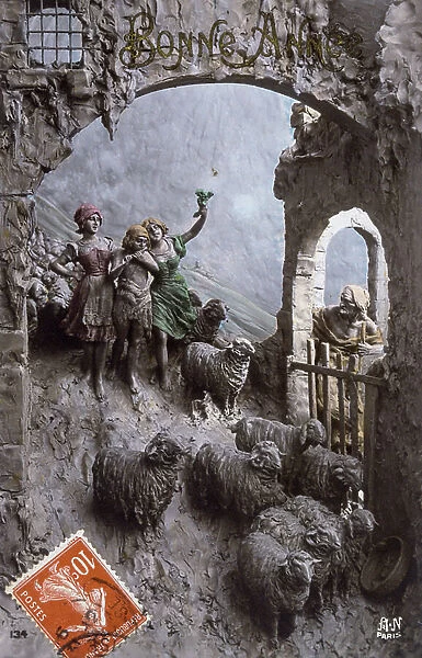 French postcard dated circa, 1900, showing a relief scene of shepherds