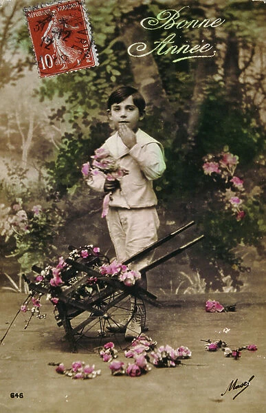 French postcard with image of a boy holding flowers, 1900 (postcard)