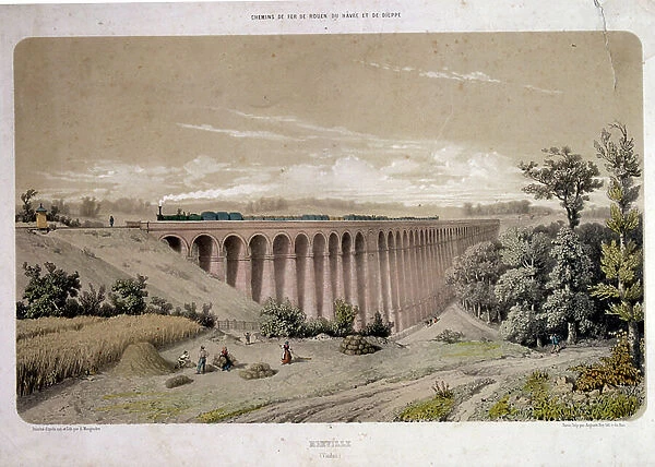 French railway illustration showing a viaduct with a steam train, between Rouen and Dieppe. 1860