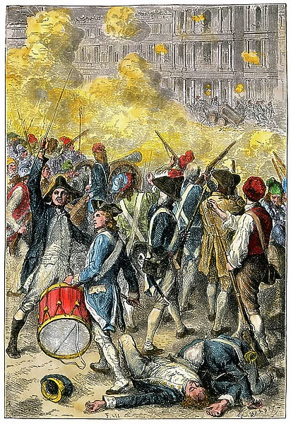 French Revolution: battles in the streets of Paris - Colorisee engraving, 19th century - Fighting in the streets of Paris, French Revolution - Hand-colored woodcut of a 19th century illustration