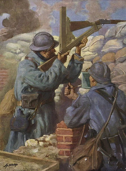 French soldier using a specially adapted snipers rifle with periscope in the trenches, World War I, 1916 (colour litho)
