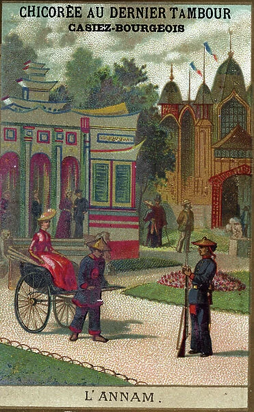 A french tourist visiting Annam French protectorate, French Indochina (Vietnam). 19th century (chromolithograph)