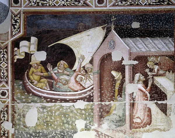 Fresco depicting the life of Saint Nicholas, also known as Saint Nicholas of Myra (270-345). He resurrected three children killed by a butcher (left) and saved from the storm a boat carrying a cargo of wheat for the town of Myre (right)