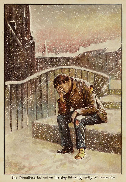 The friendless lad sat on the step thinking sadly of tomorrow (colour litho)