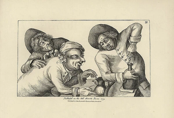 Three friends enjoying true contentment from a single bottle of wine. Copperplate engraving by Thomas Sanders after a satirical illustration by Timothy Bobbin (John Collier) (1708-1786) from Human Passions Delineated, John Haywood, Manchester, 1773