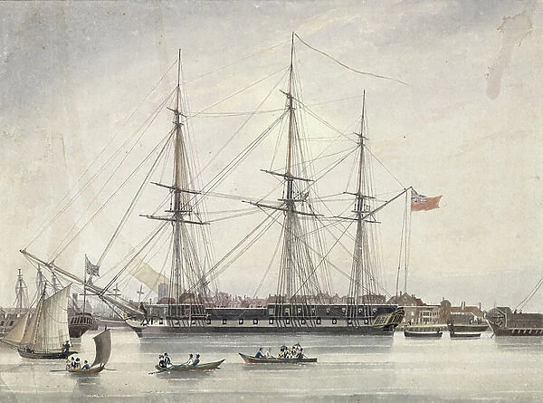 The frigate HMS Bacchant, off the Royal Shipyards of Deptford (England) in 1811. Watercolor (28.4x43 cm) 19th century