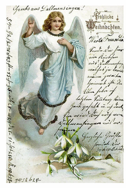 Froehliche Weihnachten Christmas greeting card written in German with an angel one hand on the heart. Chromolithography 19th century