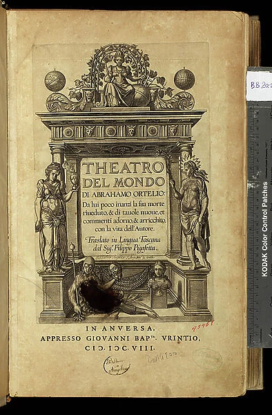 Frontispice of the atlas ' Theatre of the World' (Theatrum Orbis Terrarum) by Abraham Ortelius (1528-1598), Dutch cartographer in an Italian edition, late 16th century. Biblioteca Angelica, Rome