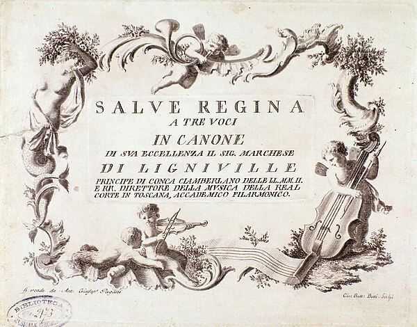 Frontispiece of a musical score of Salve regina hymn for three voices by marquis of