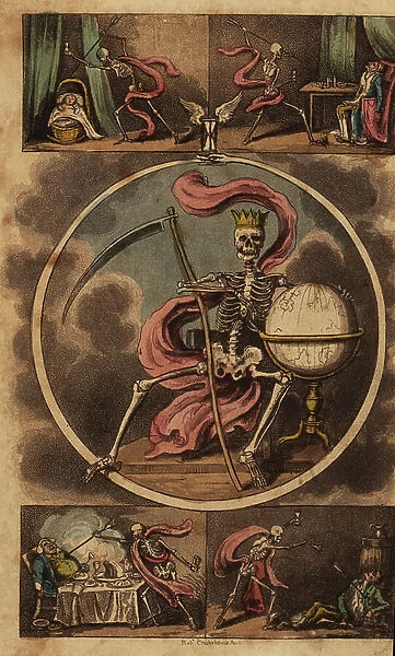 Frontispiece with skeleton of death seated with scythe and globe