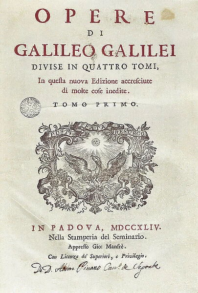 Frontispiece of volume I of 'Opere di Galileo Galilei', by Galileo Galilei (1564-1642), Edition of 1744 (engraving)