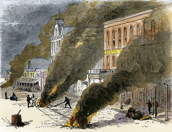 Fumigation against a yellow fever outbreak in a city in Texas, USA in 1873. Colour engraving after a 19th century illustration