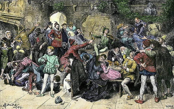 Fun during Christmas parties in an English mansion. Colourful engraving from the 19th century